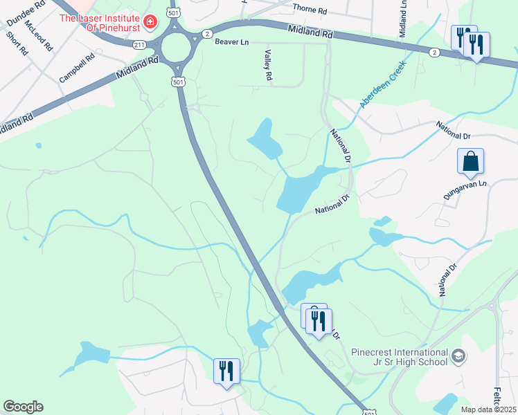 map of restaurants, bars, coffee shops, grocery stores, and more near 110 Woodenbridge Lane in Pinehurst