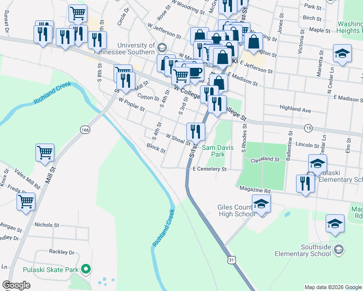 map of restaurants, bars, coffee shops, grocery stores, and more near 621 South 2nd Street in Pulaski