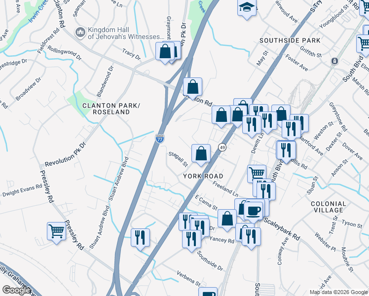 map of restaurants, bars, coffee shops, grocery stores, and more near in Charlotte