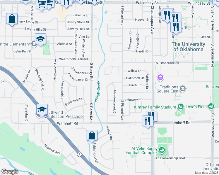 map of restaurants, bars, coffee shops, grocery stores, and more near 2601 Walnut Road in Norman