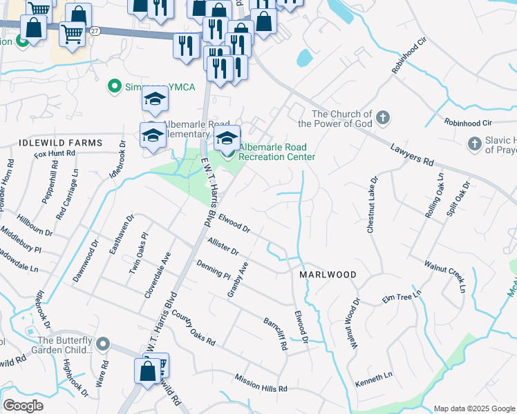map of restaurants, bars, coffee shops, grocery stores, and more near 5206 Cressingham Court in Charlotte