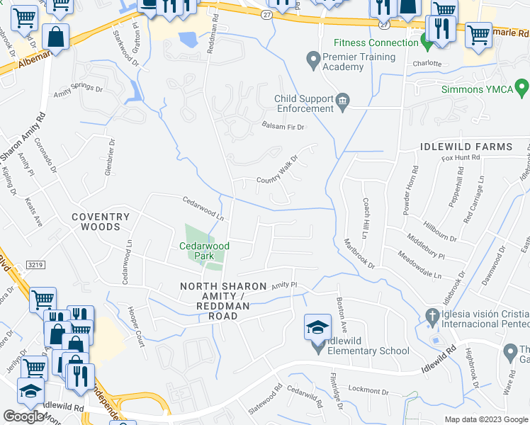 map of restaurants, bars, coffee shops, grocery stores, and more near 6500 Piney Path Road in Charlotte