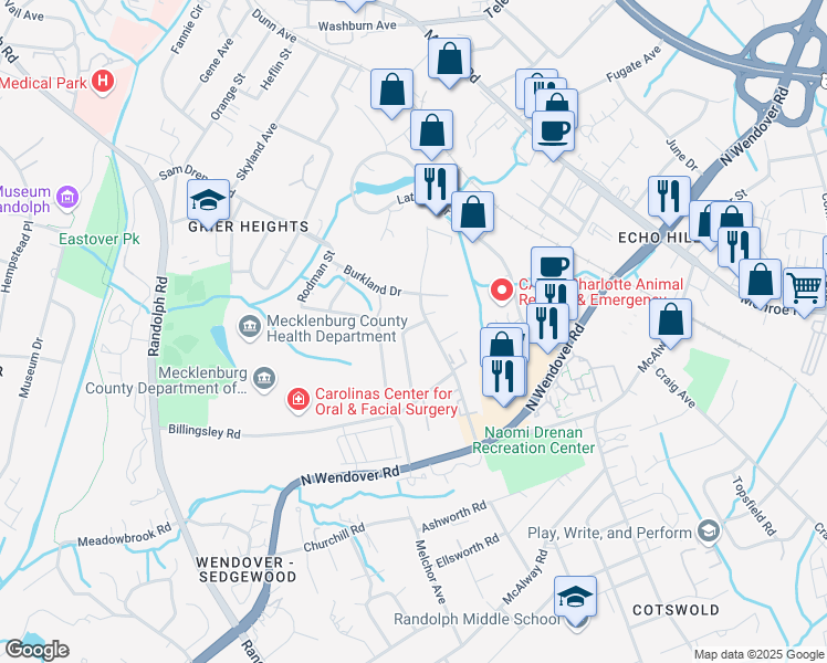 map of restaurants, bars, coffee shops, grocery stores, and more near 3615 Jonquil Street in Charlotte