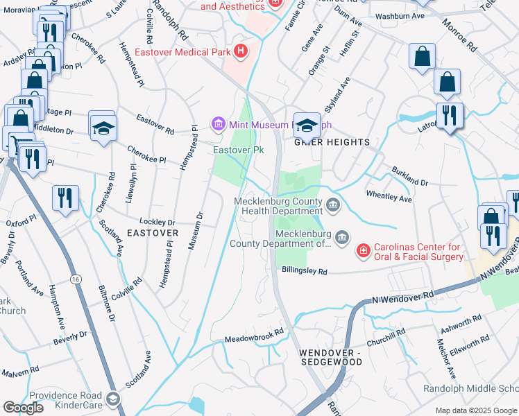 map of restaurants, bars, coffee shops, grocery stores, and more near 3320 Eastover Ridge Drive in Charlotte