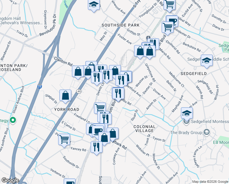 map of restaurants, bars, coffee shops, grocery stores, and more near 2936 Grand Union Way in Charlotte