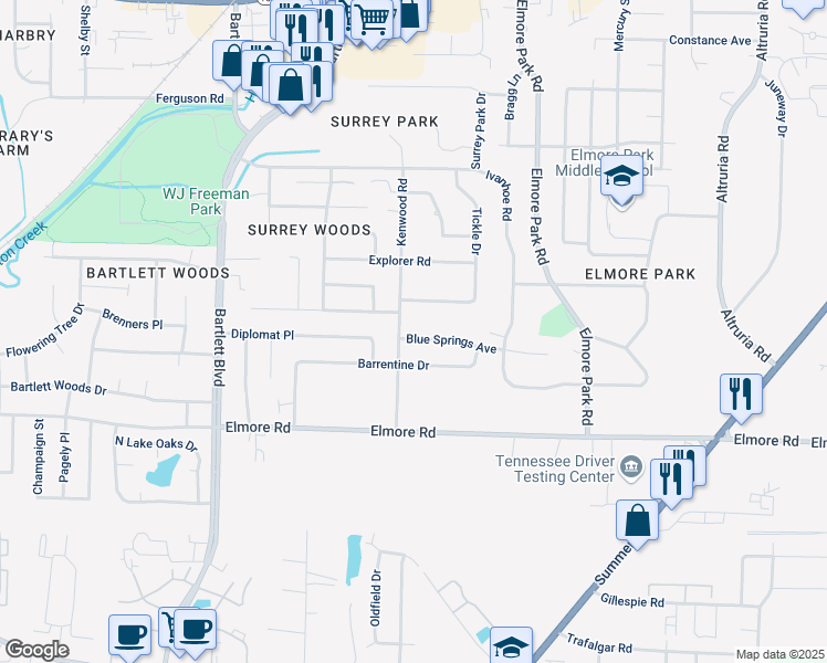 map of restaurants, bars, coffee shops, grocery stores, and more near 6052 Blue Springs Avenue in Memphis