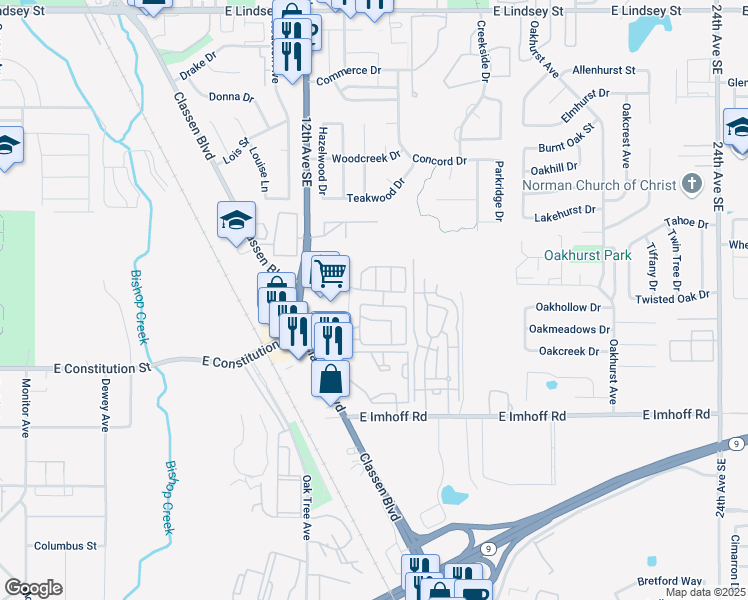 map of restaurants, bars, coffee shops, grocery stores, and more near 17 E Street in Norman