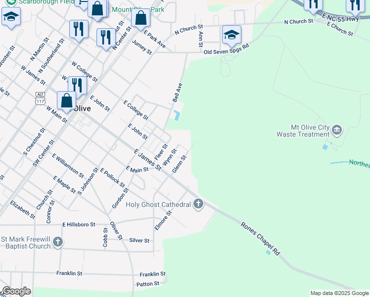 map of restaurants, bars, coffee shops, grocery stores, and more near Outlaw Street in Mount Olive