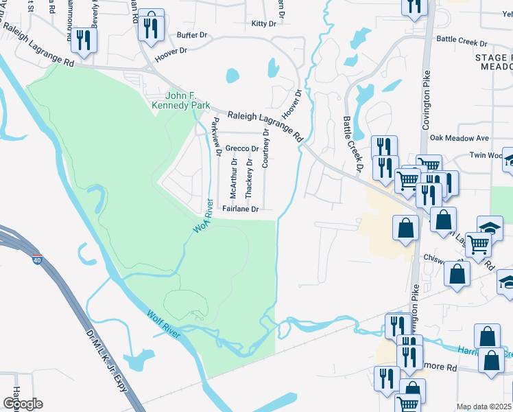map of restaurants, bars, coffee shops, grocery stores, and more near 4728 Fairlane Drive in Memphis