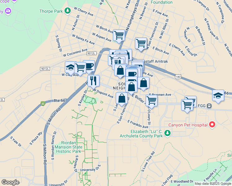 map of restaurants, bars, coffee shops, grocery stores, and more near 310 South Beaver Street in Flagstaff