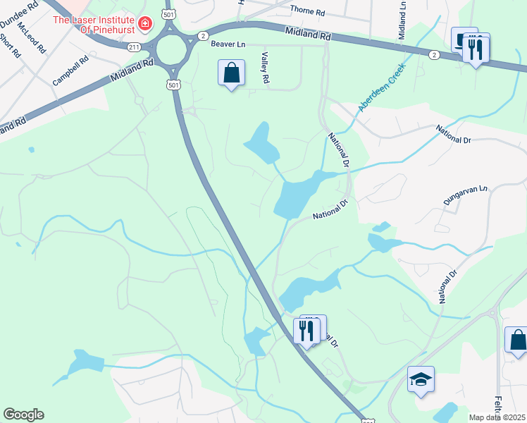 map of restaurants, bars, coffee shops, grocery stores, and more near 155 Woodenbridge Lane in Pinehurst