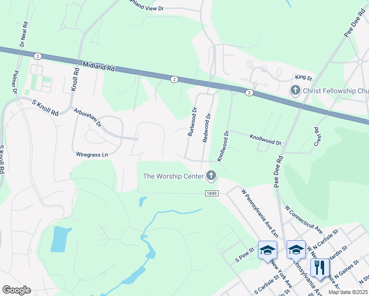 map of restaurants, bars, coffee shops, grocery stores, and more near 744 Burlwood Drive in Southern Pines