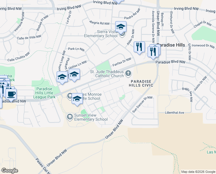 map of restaurants, bars, coffee shops, grocery stores, and more near 5827 Mafraq Avenue Northwest in Albuquerque