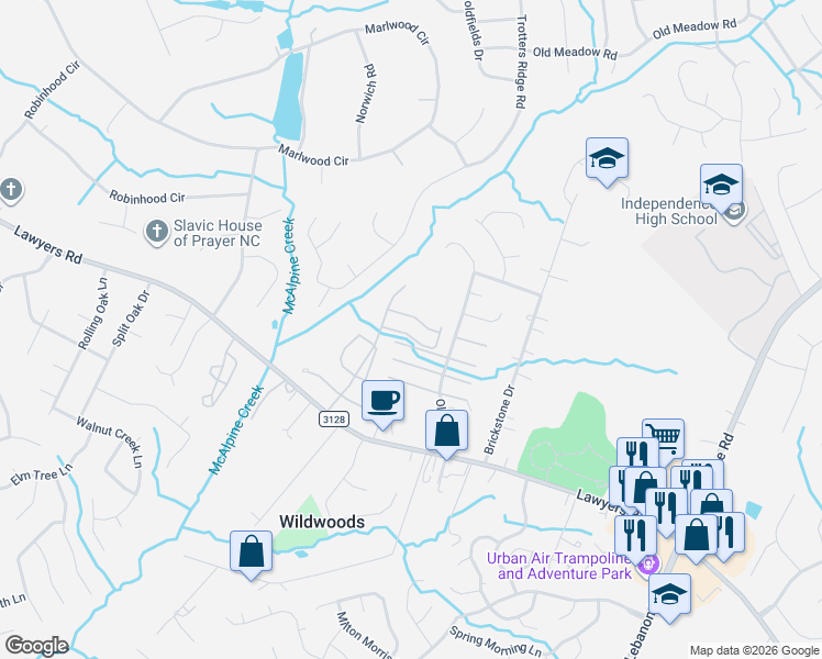map of restaurants, bars, coffee shops, grocery stores, and more near 8659 Wandering Creek Way in Charlotte