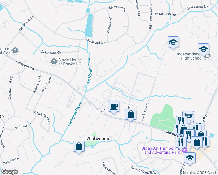 map of restaurants, bars, coffee shops, grocery stores, and more near 5639 Bent Creek Circle in Charlotte