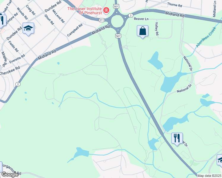 map of restaurants, bars, coffee shops, grocery stores, and more near 100 Hearthstone Road in Pinehurst