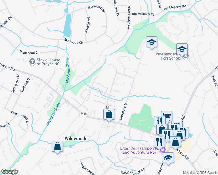 map of restaurants, bars, coffee shops, grocery stores, and more near 8850 Wandering Creek Way in Charlotte