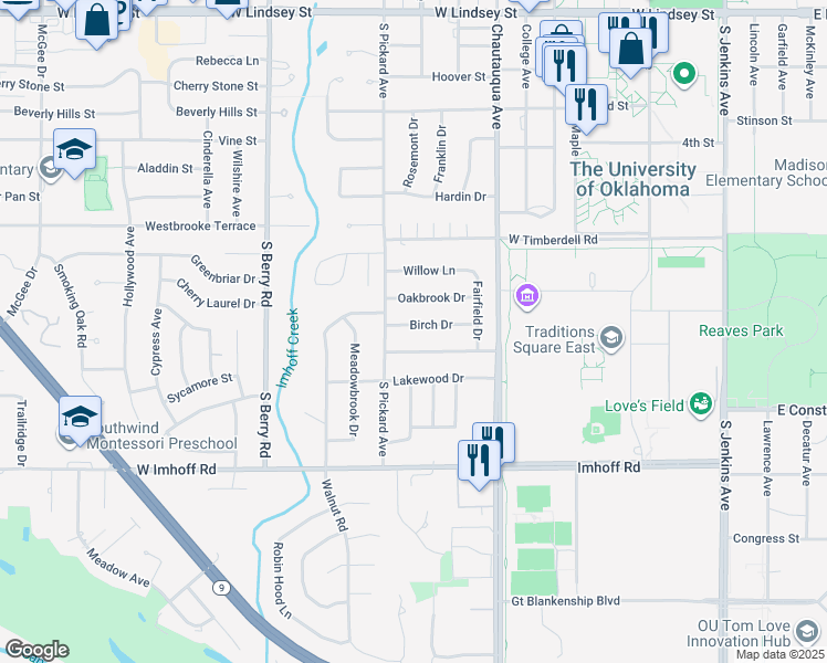 map of restaurants, bars, coffee shops, grocery stores, and more near 908 Birch Drive in Norman