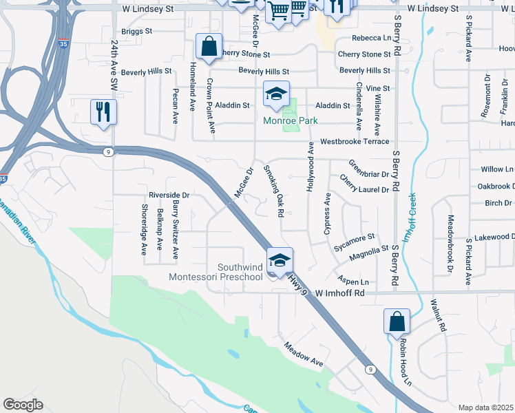 map of restaurants, bars, coffee shops, grocery stores, and more near 2438 Smoking Oak Road in Norman