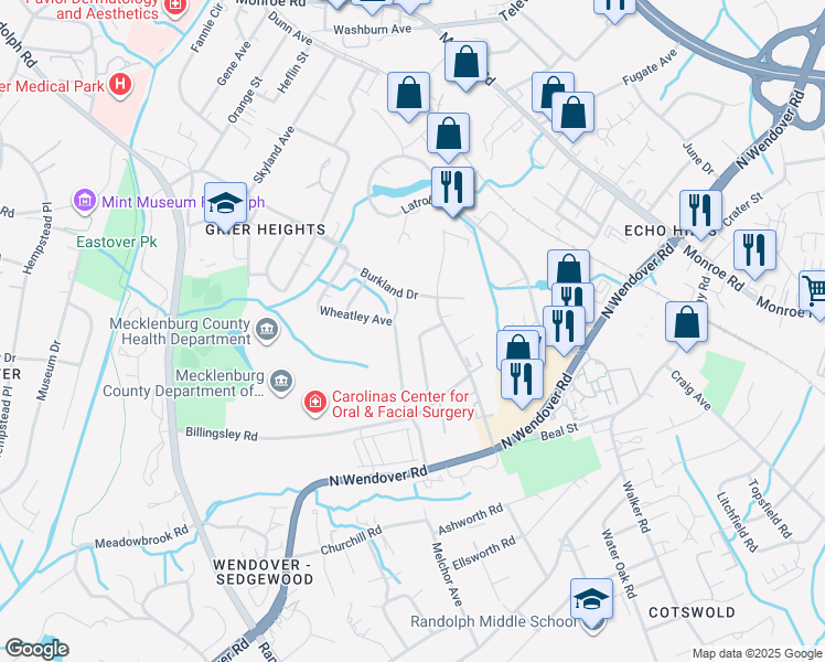 map of restaurants, bars, coffee shops, grocery stores, and more near 3524 Jonquil Street in Charlotte