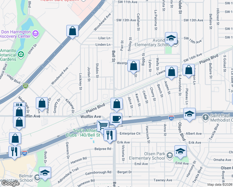 map of restaurants, bars, coffee shops, grocery stores, and more near 1566 Bell St in Amarillo