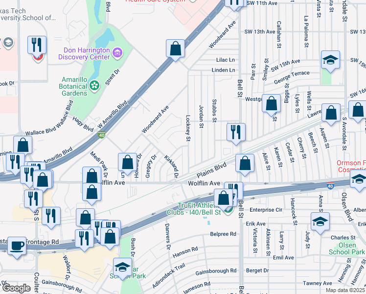 map of restaurants, bars, coffee shops, grocery stores, and more near 1611 Lockney Street in Amarillo