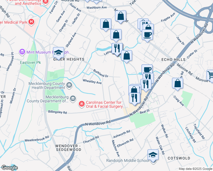 map of restaurants, bars, coffee shops, grocery stores, and more near 3534 Burkland Drive in Charlotte