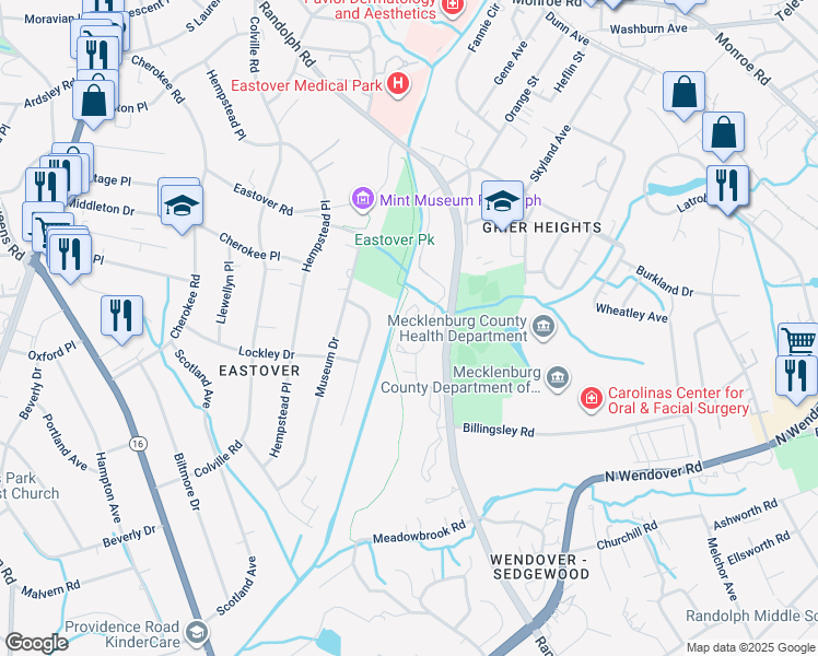 map of restaurants, bars, coffee shops, grocery stores, and more near 3212 Eastover Ridge Dr in Charlotte
