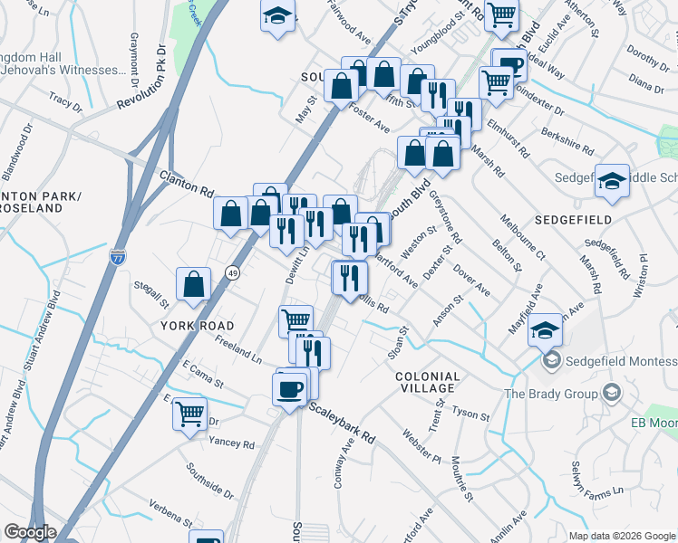 map of restaurants, bars, coffee shops, grocery stores, and more near in Charlotte