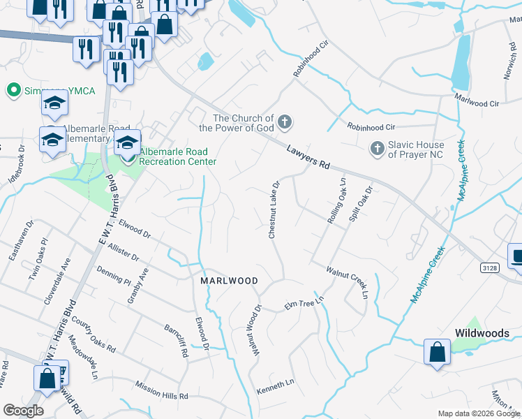 map of restaurants, bars, coffee shops, grocery stores, and more near 5108 Blue Spruce Lane in Charlotte