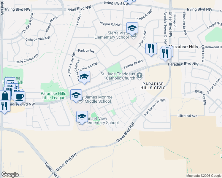 map of restaurants, bars, coffee shops, grocery stores, and more near 5867 Ermemin Avenue Northwest in Albuquerque