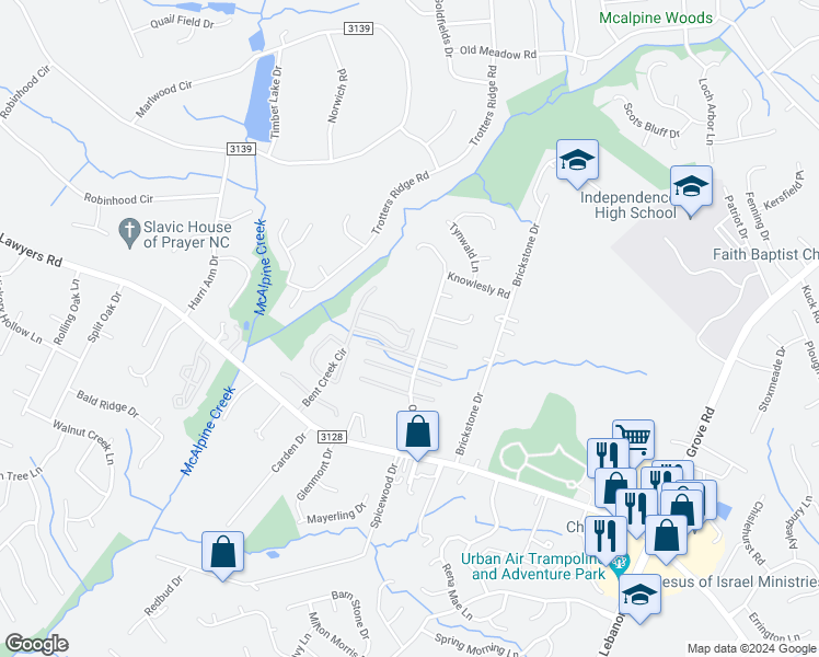 map of restaurants, bars, coffee shops, grocery stores, and more near 8763 Twined Creek Lane in Charlotte