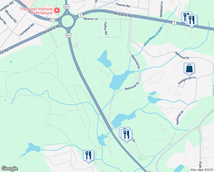 map of restaurants, bars, coffee shops, grocery stores, and more near 135 Woodenbridge Lane in Pinehurst