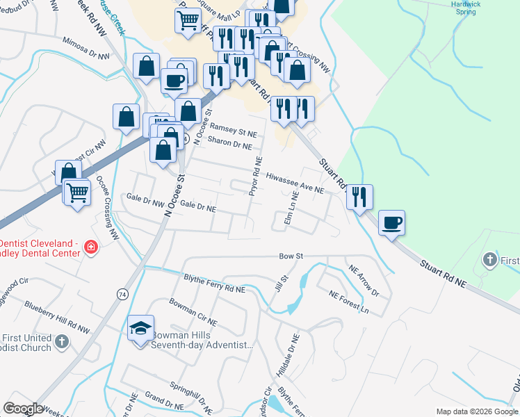map of restaurants, bars, coffee shops, grocery stores, and more near 4160 Pryor Road Northeast in Cleveland