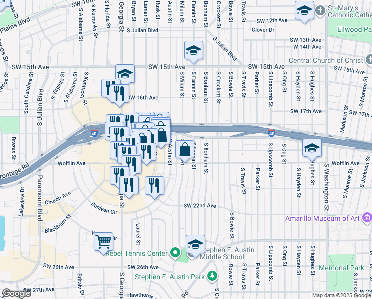 map of restaurants, bars, coffee shops, grocery stores, and more near 1909 South Milam Street in Amarillo