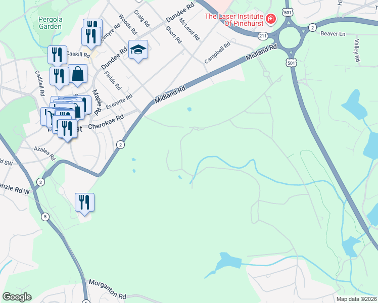 map of restaurants, bars, coffee shops, grocery stores, and more near 185 Brookhaven Road in Pinehurst