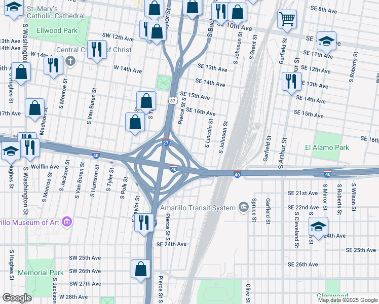 map of restaurants, bars, coffee shops, grocery stores, and more near 1725 Interstate Drive East in Amarillo