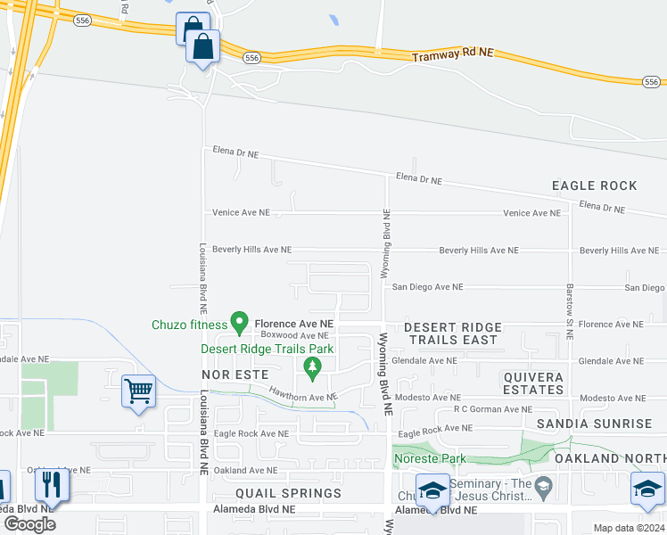 map of restaurants, bars, coffee shops, grocery stores, and more near 7339 Pawnee Creek Trail Northeast in Albuquerque