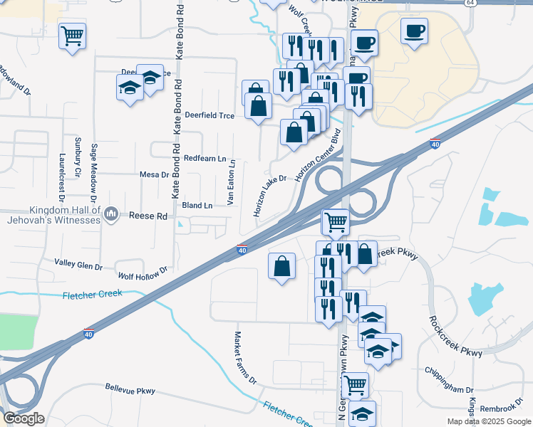 map of restaurants, bars, coffee shops, grocery stores, and more near 2520 Horizon Lake Drive in Memphis