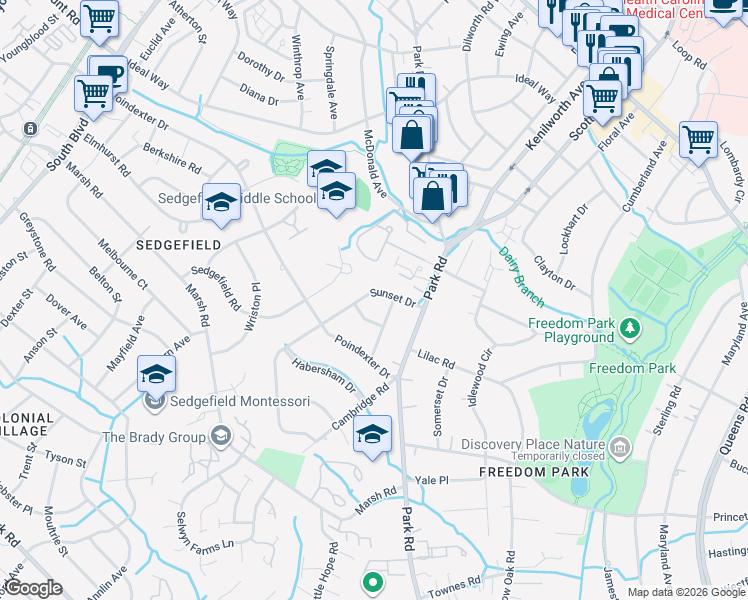 map of restaurants, bars, coffee shops, grocery stores, and more near 2820 Sunset Drive in Charlotte