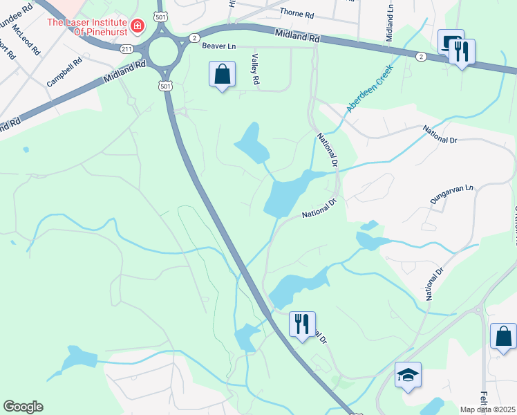 map of restaurants, bars, coffee shops, grocery stores, and more near 135 Woodenbridge Lane in Pinehurst
