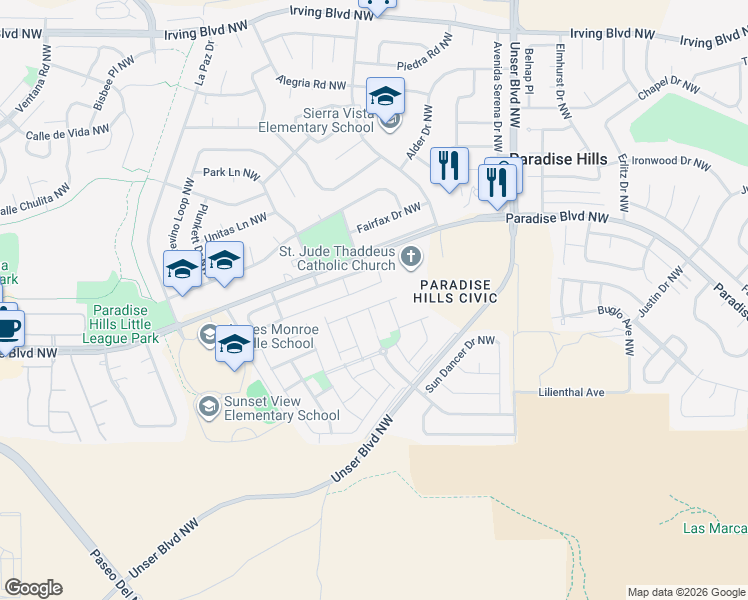 map of restaurants, bars, coffee shops, grocery stores, and more near 5827 Mafraq Avenue Northwest in Albuquerque