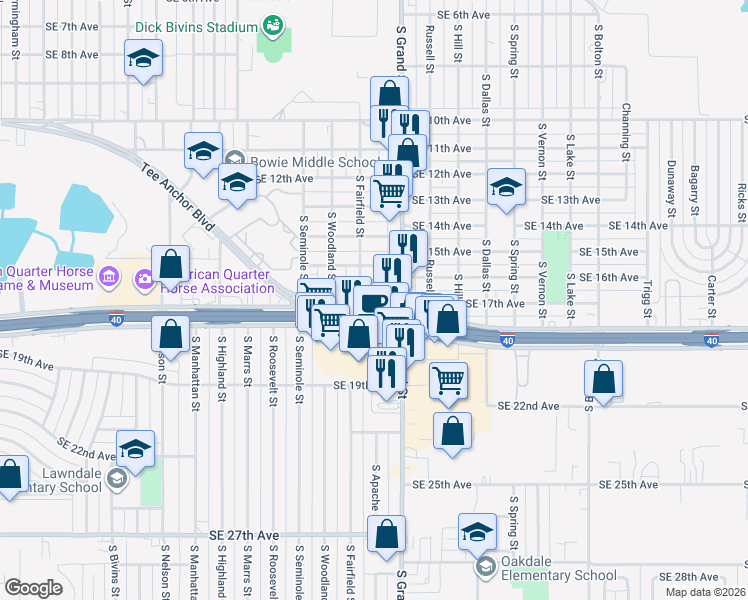 map of restaurants, bars, coffee shops, grocery stores, and more near 3511 Southeast 16th Avenue in Amarillo
