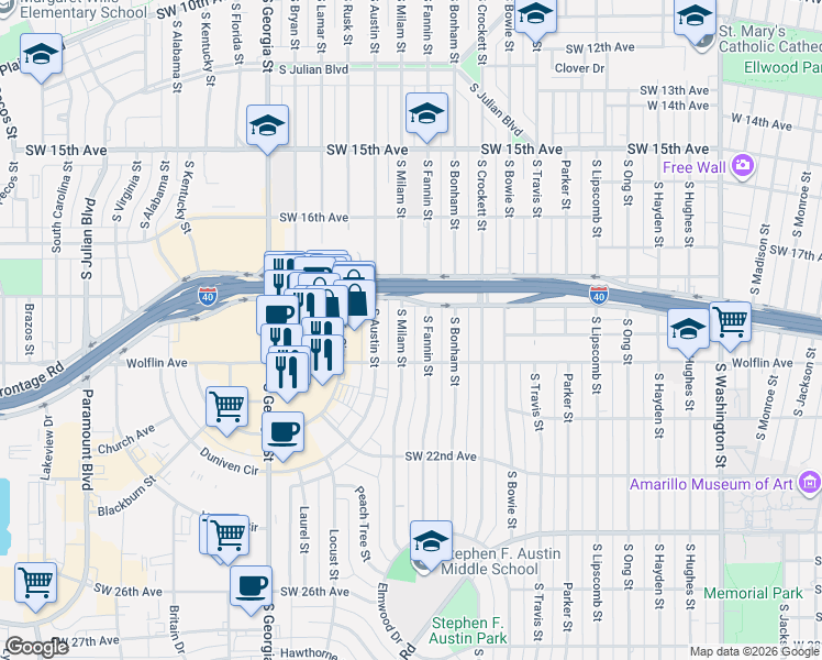 map of restaurants, bars, coffee shops, grocery stores, and more near 1900 South Fannin Street in Amarillo