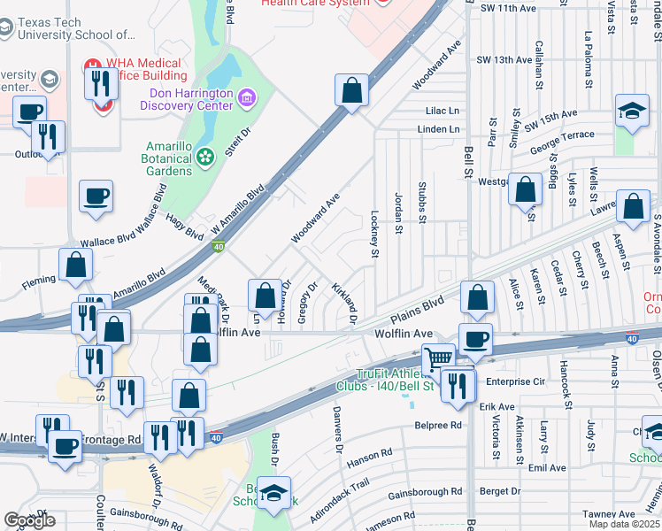 map of restaurants, bars, coffee shops, grocery stores, and more near 1800 Wisdom Drive in Amarillo