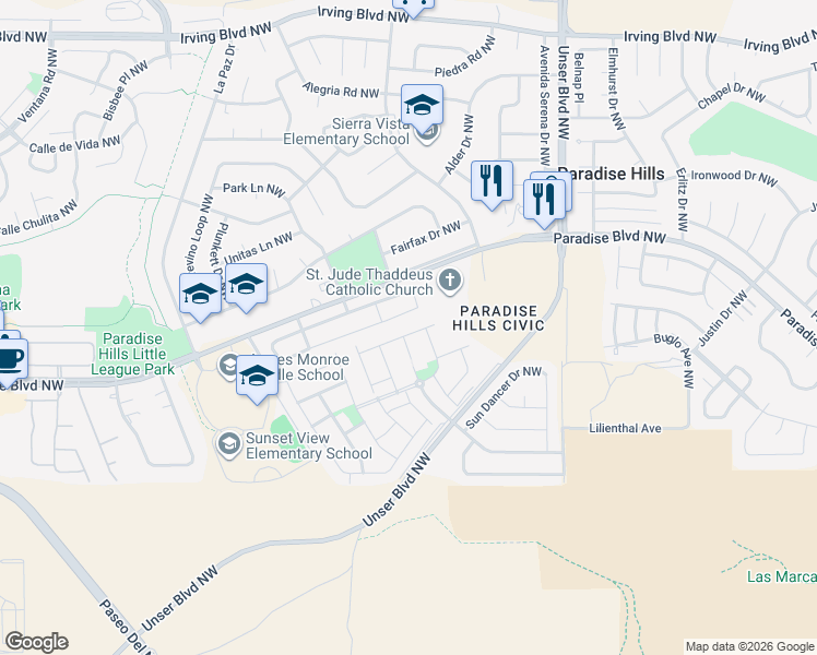 map of restaurants, bars, coffee shops, grocery stores, and more near 5827 Mafraq Avenue Northwest in Albuquerque