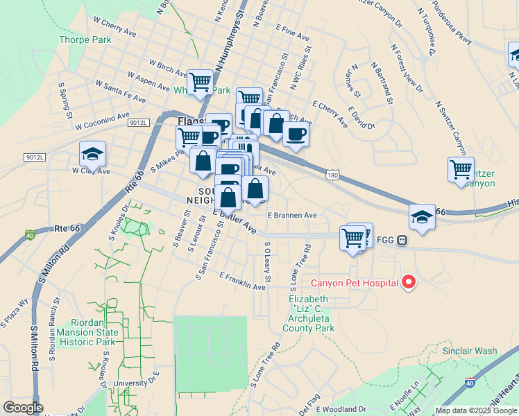 map of restaurants, bars, coffee shops, grocery stores, and more near 106 South WC Riles Drive in Flagstaff