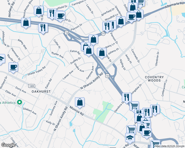 map of restaurants, bars, coffee shops, grocery stores, and more near 5401 Gwynne Avenue in Charlotte
