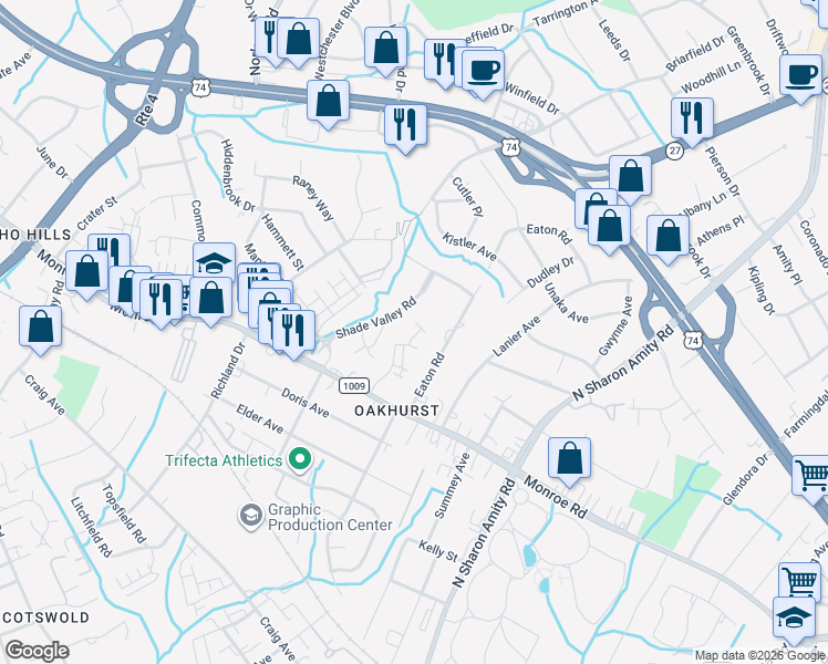 map of restaurants, bars, coffee shops, grocery stores, and more near 2320 Shade Valley Road in Charlotte