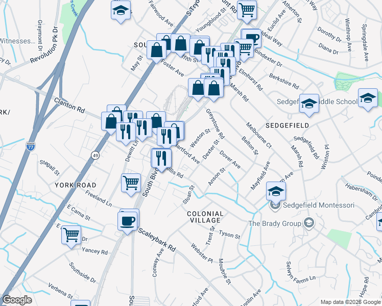 map of restaurants, bars, coffee shops, grocery stores, and more near 139 Hartford Avenue in Charlotte